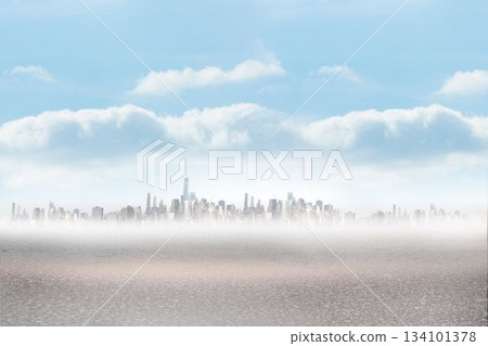 Flat design city skyline is rising above fog over reflective water under pale blue sky 134101378
