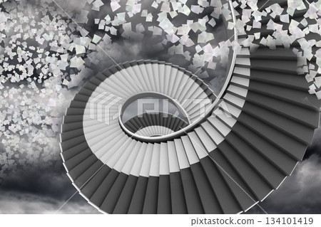 Winding staircase in the sky with flying papers Winding staircase in the sky with flying papers 134101419