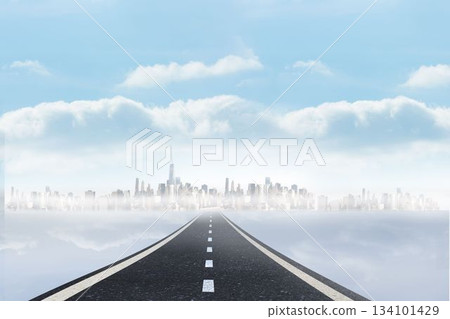 Highway is stretching across reflective mist toward city skyline in flat design under cloudy sky 134101429