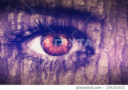 Human eye with glowing red orange iris is blending with purple bark texture in digital art 134101432