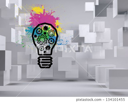 Light bulb with cogs on background with cubes 134101455