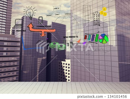 Drawn graphic on cityscape background 134101456