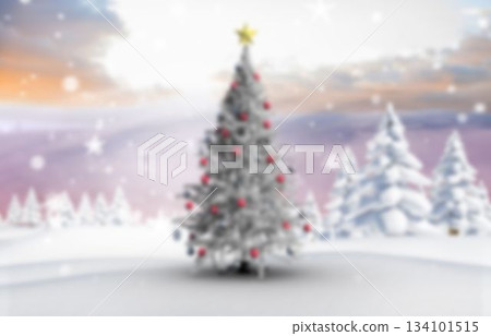 Showing evergreen tree in flat design landscape featuring red ornaments gold star drifting snow Showing evergreen tree in flat design landscape featuring red ornaments gold star drifting snow 134101515