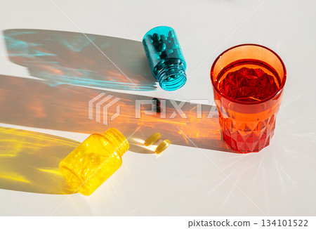 Colorful pill bottles and glass of water casting vibrant shadows on white surface. Colorful pill bottles and glass of water casting vibrant shadows on white surface. 134101522