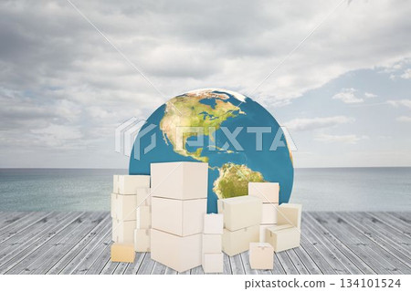 Illustration of boxes in front of globe Illustration of boxes in front of globe 134101524