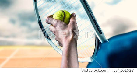 Cropped hand of sportswoman holding racket 134101528