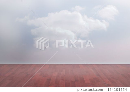 Lone white fluffy cloud is floating above polished wooden floor against pale wall in flat-design Lone white fluffy cloud is floating above polished wooden floor against pale wall in flat-design 134101554