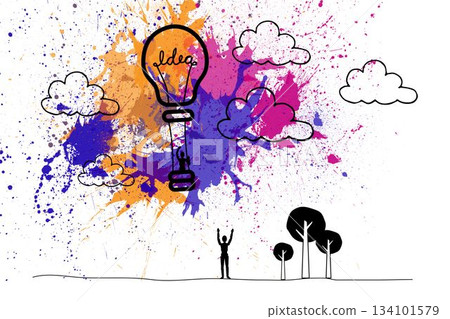Light bulb balloon and figure over splashes 134101579
