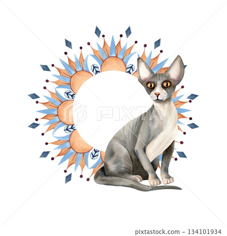 Composition with abstract circle ornament and Sphynx cat, empty space inside. Sacred animal, geometric shape, patterns, lotus. Frame, template. Hand drawn watercolor isolated illustration Composition with abstract circle ornament and Sphynx cat, empty space inside. Sacred animal, geometric shape, patterns, lotus. Frame, template. Hand drawn watercolor isolated illustration 134101934
