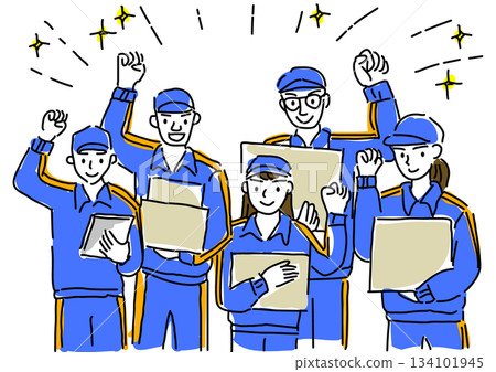 送貨/搬家人員面帶微笑地揮舞著拳頭。 134101945