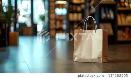 Shopping bag on a wooden floor in a store with blurred shelves in the background. Concept of retail and shopping environment. For advertisement of retail spaces Shopping bag on a wooden floor in a store with blurred shelves in the background. Concept of retail and shopping environment. For advertisement of retail spaces 134102005