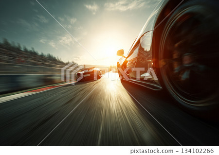 Low angle view of racing cars competing on a racing track at high speed 134102266