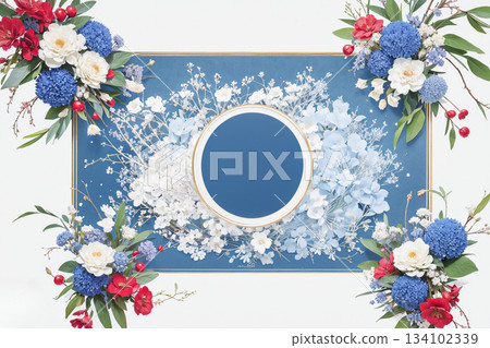 一束絢麗的三色花束和一個藍色的相框 134102339