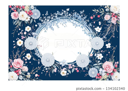 Navy background with circular frame decorated with elegant flowers 134102340