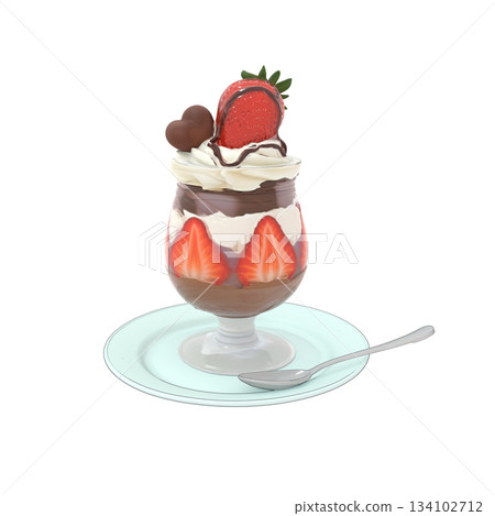 一份春季草莓芭菲,上麵點綴著情人節心形巧克力。 一份春季草莓芭菲,上麵點綴著情人節心形巧克力。 134102712