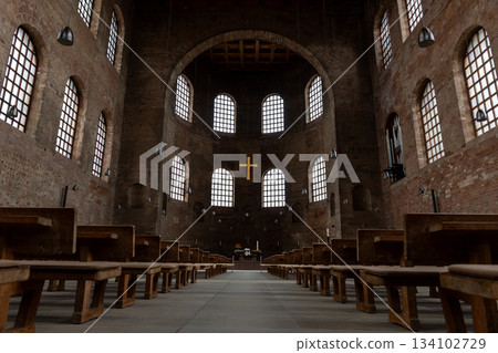 Scenic interior view Basilica of Constantine Aula Palatina Roman palace basilica german Trier sightseeing Germany. Ancient architecture landmark. World heritage architecture building 134102729