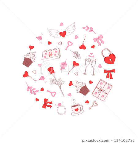 Love elements set. Valentine's day hand drawn decorative elements. Cartoon doodle icons. Vector flat illustration. 134102755