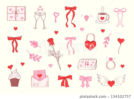 Cute Valentine's Day set. Hand drawn decorative elements collection bows, gift, postcard, hearts, love letters, rose, cupcake, champagne. Vector illustration of coquette chic doodle style. Cute Valentine's Day set. Hand drawn decorative elements collection bows, gift, postcard, hearts, love letters, rose, cupcake, champagne. Vector illustration of coquette chic doodle style. 134102757
