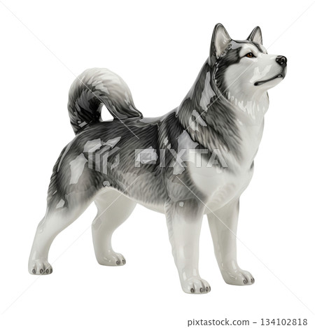 Glossy porcelain Siberian Husky dog figurine standing with grey and white coat texture Glossy porcelain Siberian Husky dog figurine standing with grey and white coat texture 134102818