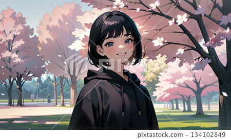 A young woman with a row of cherry blossom trees in the background A young woman with a row of cherry blossom trees in the background 134102849