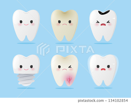 Cute Dental Cartoon Collection Showing Six Tooth Conditions 134102854
