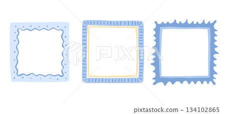 Cute blue square frames. Squiggle photo borders set. Wiggly groovy shapes, vector childish design Cute blue square frames. Squiggle photo borders set. Wiggly groovy shapes, vector childish design 134102865