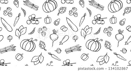 Seamless pattern with vegetables hand drawn illustrations. Outline pumpkin, zucchini, pepper and tomatoes sketch isolated on white background 134102867