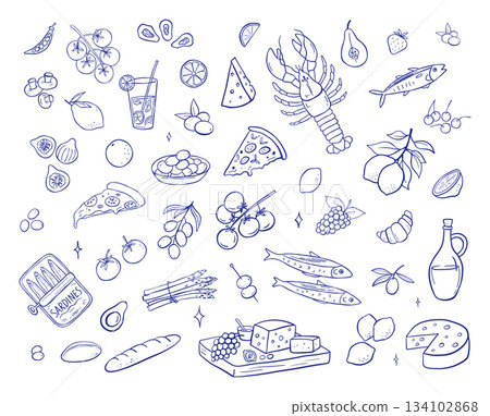 Mediterranean food collection with strawberry, seafood, lemon and pizza slice, line set. Vintage hand drawn sketch perfect for menu or picnic party designs in Greek style 134102868