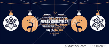 christmas greeting card with decorative christmas balls with reindeer vector illustration 134102898