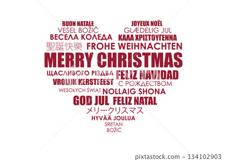 merry christmas greetings with heart text in different languages vector illustration 134102903