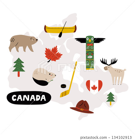 Canada Map with Cute Canadian Icons. Vector Illustration for Stickers, Posters, Travel Prints 134102913
