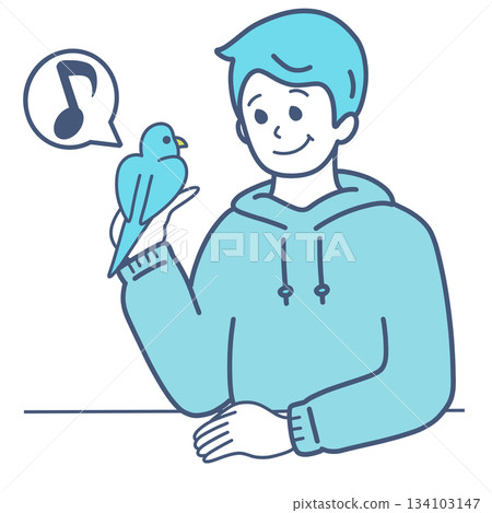 插畫素材：一名男子與一隻小鳥玩耍 134103147