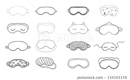 Sleep mask doodle eye relax mask doodle sketch. Night sleep accessory bedtime set hand drawn. Outline drawing line clipart.  134103159