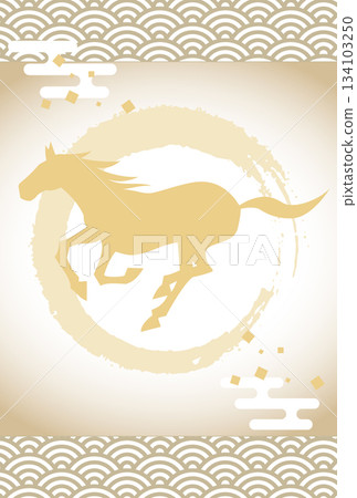 New Year's card template with a golden horse silhouette and a Japanese pattern background (no greetings) New Year's card template with a golden horse silhouette and a Japanese pattern background (no greetings) 134103250