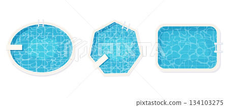 Swimming pool bottom top view with blue water waves texture set. Summer aqua surface with ripples. Spa pool geometrical shapes game texture 134103275