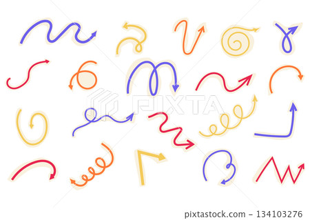 Spiral arrow doodle set, collage cutout wavy twist minimal squiggly line. Curve comic turn way cut out direction. Playful quirky simple free hand elements.  134103276