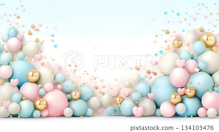 A whimsical background with twinkling round decorations, light pastel balloons and pink hearts, and shiny accents 134103476