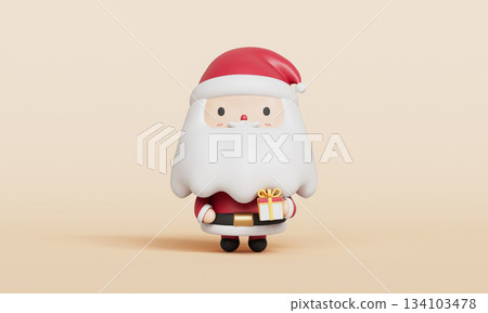 Cute Santa Claus Character with a Christmas Gift. 3D Rendering. 134103478