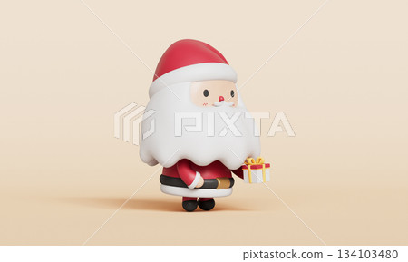 Cute Santa Claus Character with a Christmas Gift. 3D Rendering. Cute Santa Claus Character with a Christmas Gift. 3D Rendering. 134103480