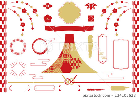 日式風格的畫框和設計材料，融合了富士山、水引、梅花、竹葉和其他日本圖案。 134103628