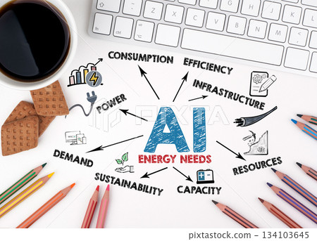AI Energy Needs Illustration with Office Desk Items and Colored Pencils AI Energy Needs Illustration with Office Desk Items and Colored Pencils 134103645