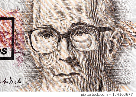 Carlos Drummond de Andrade a closeup portrait from Brazilian money 134103677