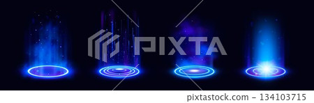 Magic portal podium with neon light rings Magic portal podium with neon light rings 134103715