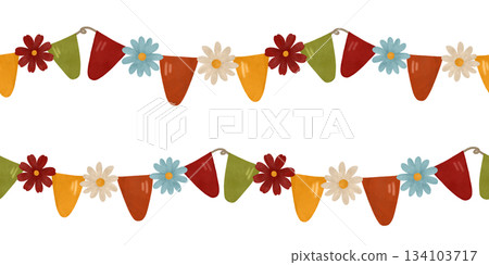 Watercolor seamless border, a garland with simple flowers, flags in autumn colors, isolated. A festive design element in flat and pastel shades 134103717