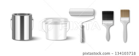 Paint bucket mockup set with roller and brushes 134103718