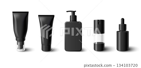 Black skincare bottle mockups set on white Black skincare bottle mockups set on white 134103720
