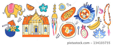 Thailand culture icons with traditional temple 134103735