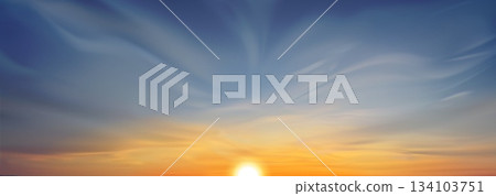 Realistic sunset sky with clouds and sun Realistic sunset sky with clouds and sun 134103751