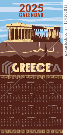 Calendar Monthly 2025 Greece Athens Poster Travel, columns ruins temple antique, old Mediterranean European culture and architecture 134103812