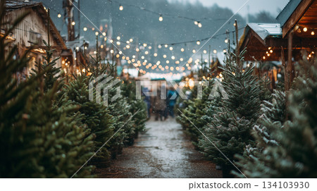 snow covered christmas trees displayed at festive outdoor market snow covered christmas trees displayed at festive outdoor market 134103930